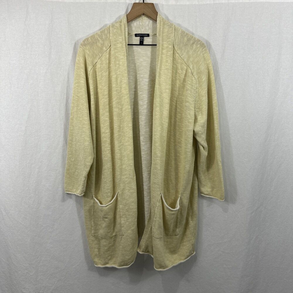 Eileen Fisher Yellow Cotton Linen Blend Open Cardigan Pocket Beach Women’s Sz 2X
